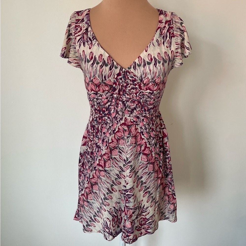 FREE PEOPLE Pink Beige Multi Rayon Floral Boho Fit & Flair V-Neck Mini Dress 2